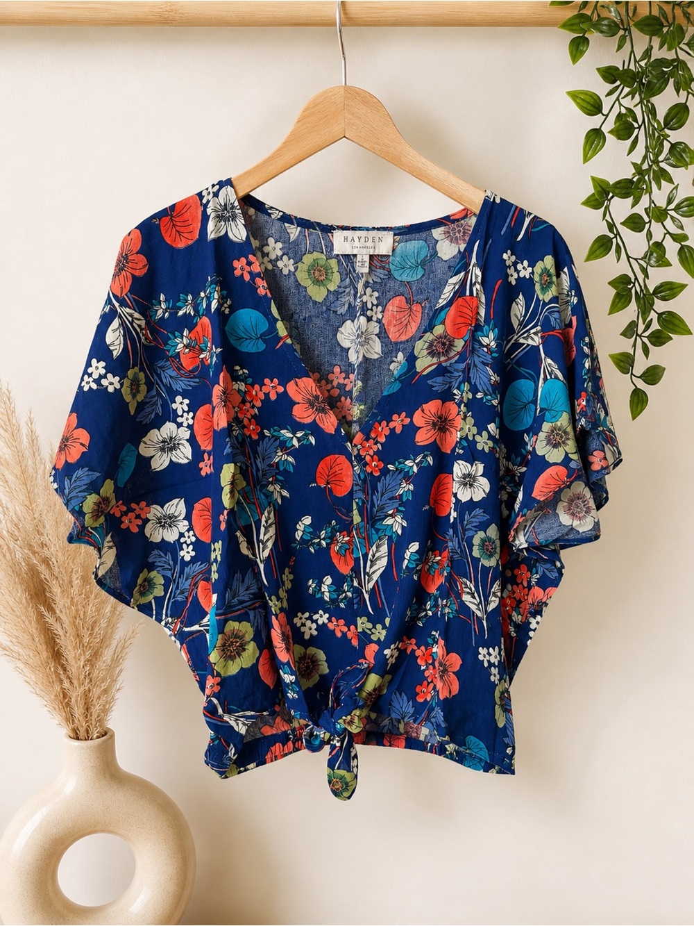Hayden Navy Floral Tie-Front Crop Top